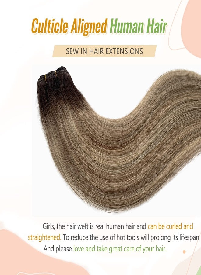 Licoville Human Hair Extensions Sew in Balayage Blonde Hair Bundles Straight 12 Inch 80G Hand Tied Weft Hair Extensions Real Human Hair Ombre Brown to Light Blonde Highlighted Weave Bundles - Image 5