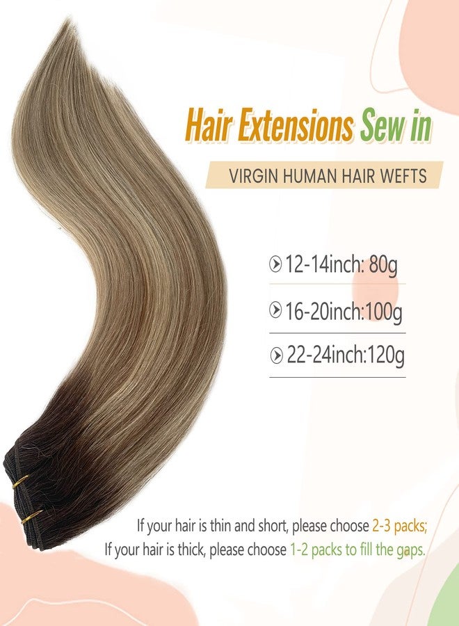 Licoville Human Hair Extensions Sew in Balayage Blonde Hair Bundles Straight 12 Inch 80G Hand Tied Weft Hair Extensions Real Human Hair Ombre Brown to Light Blonde Highlighted Weave Bundles - Image 2