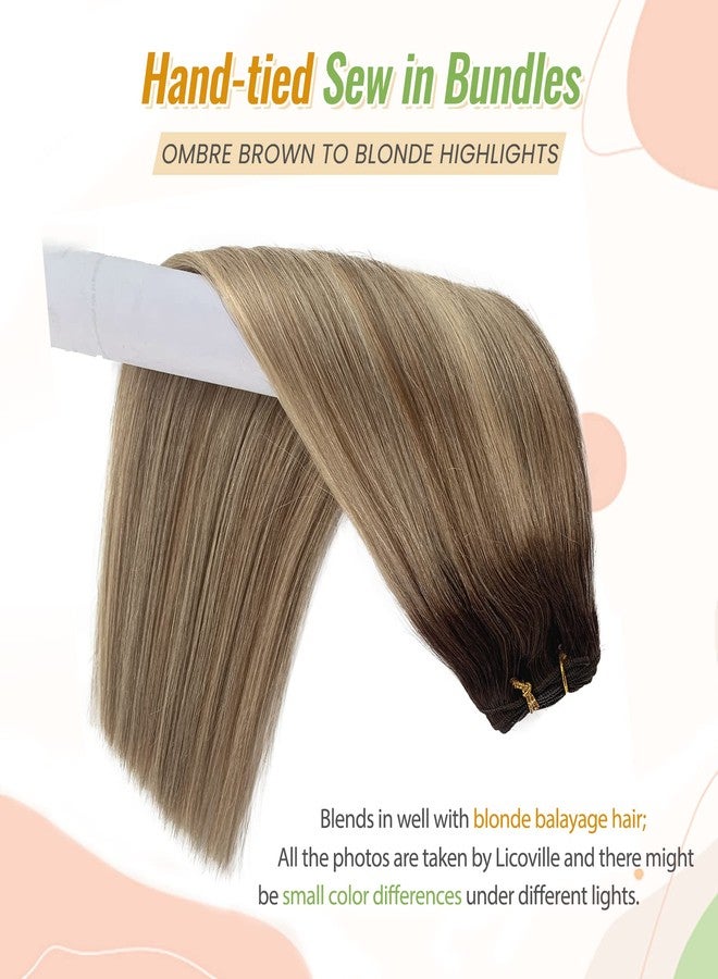Licoville Human Hair Extensions Sew in Balayage Blonde Hair Bundles Straight 12 Inch 80G Hand Tied Weft Hair Extensions Real Human Hair Ombre Brown to Light Blonde Highlighted Weave Bundles - Image 4