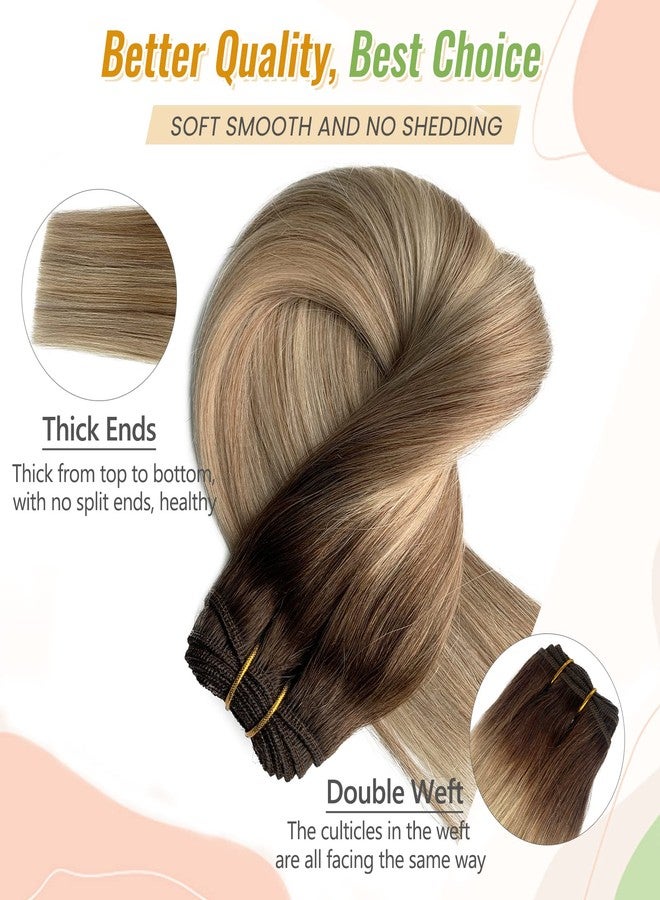 Licoville Human Hair Extensions Sew in Balayage Blonde Hair Bundles Straight 12 Inch 80G Hand Tied Weft Hair Extensions Real Human Hair Ombre Brown to Light Blonde Highlighted Weave Bundles - Image 3