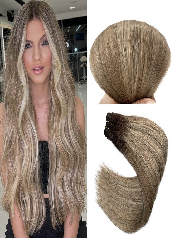 Licoville Human Hair Extensions Sew in Balayage Blonde Hair Bundles Straight 12 Inch 80G Hand Tied Weft Hair Extensions Real Human Hair Ombre Brown to Light Blonde Highlighted Weave Bundles - Image 1