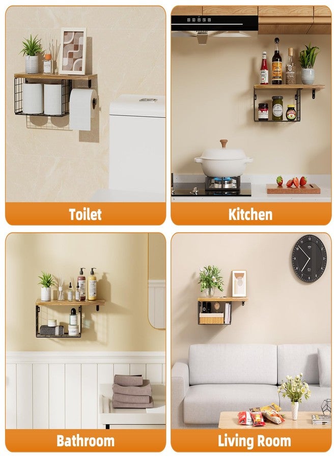 VITVITI Toilet Paper Holder with Shelf, Wall Mounted Toilet Paper Storage Basket, Wood Metal Toilet Roll and Wipes Holder for Bathroom Farmhouse (Brown) - Image 2