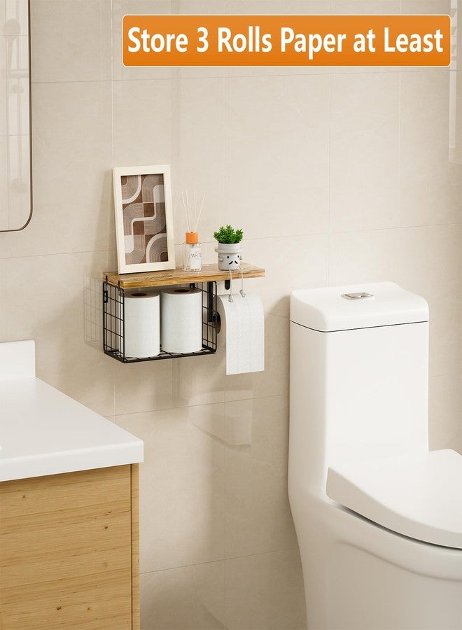 VITVITI Toilet Paper Holder with Shelf, Wall Mounted Toilet Paper Storage Basket, Wood Metal Toilet Roll and Wipes Holder for Bathroom Farmhouse (Brown) - Image 3