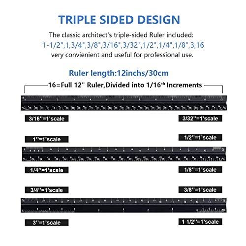 mveohos Architectural&Engineering Triangular Scale Ruler, 12 Inch Architectural Scale Ruler Set, Laser-Etched Aluminum with Stainless Steel Ruler for Architects, Students, Draftsman, Engineers (3 PCS) - Image 3