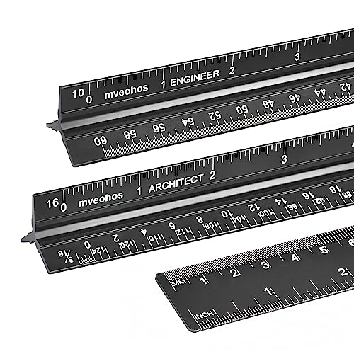 mveohos Architectural&Engineering Triangular Scale Ruler, 12 Inch Architectural Scale Ruler Set, Laser-Etched Aluminum with Stainless Steel Ruler for Architects, Students, Draftsman, Engineers (3 PCS) - Image 1