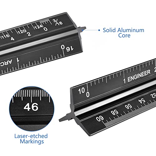 mveohos Architectural&Engineering Triangular Scale Ruler, 12 Inch Architectural Scale Ruler Set, Laser-Etched Aluminum with Stainless Steel Ruler for Architects, Students, Draftsman, Engineers (3 PCS) - Image 5