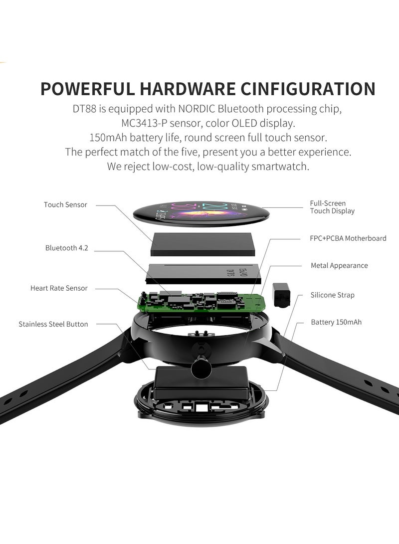 AROAQ DT88 Fitness Tracker, IP68 Waterproof Comfortable Smart Watch, Full Touch Screen Large Display Smart Wrist Watch, Durable Health Monitoring Watch With Multiple Functions, (1pc, Black) - Image 2