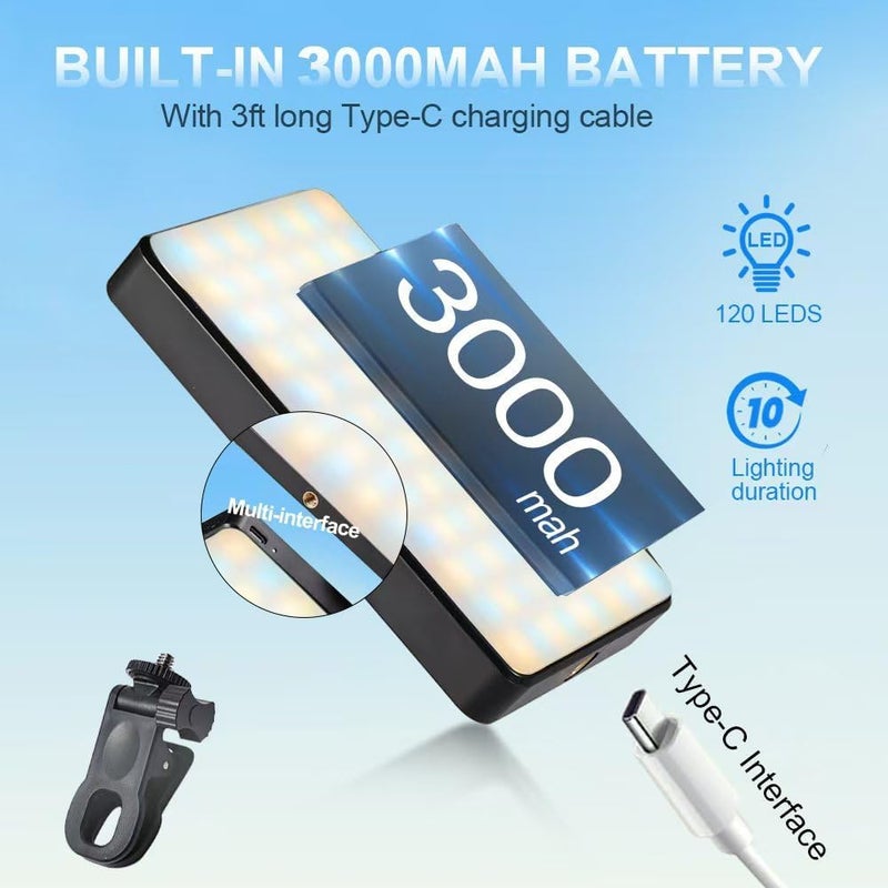 هايداز 120 LED ضوء تعبئة للسيلفي مع مشبك أمامي وخلفي للهاتف، 3000mAh قابلة للشحن، 3 أوضاع مع 10 مستويات، ضوء مشبك محمول للهاتف/الجهاز اللوحي/اللابتوب، ضوء تعبئة لمكالمات Zoom وفيديو TikTok - Image 3