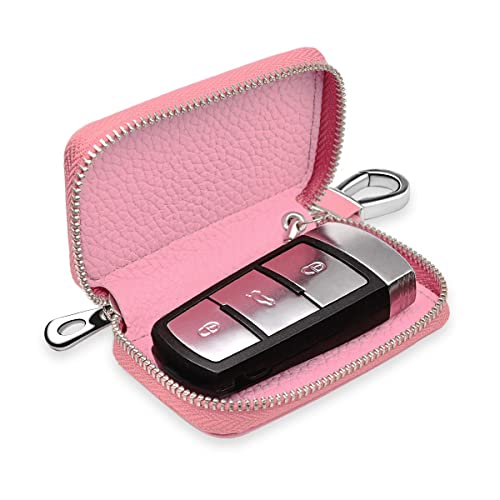 Buffway Car Key Cover,Genuine Leather Car Smart Key Chain Coin Holder Metal Hook and Keyring Wallet Zipper Bag for Auto Remote Key Fob - Pink - Image 3