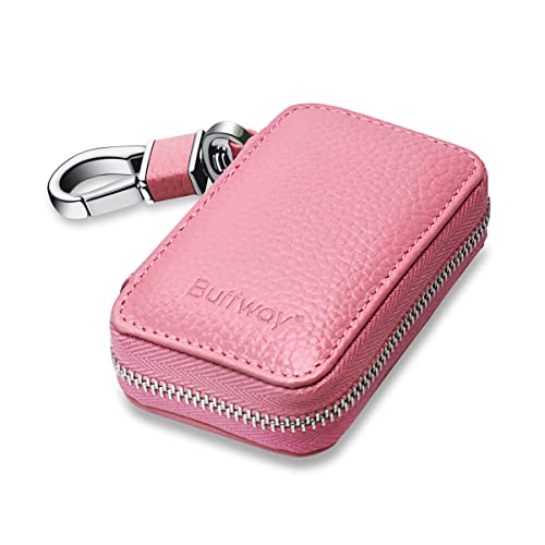 Buffway Car Key Cover,Genuine Leather Car Smart Key Chain Coin Holder Metal Hook and Keyring Wallet Zipper Bag for Auto Remote Key Fob - Pink - Image 1