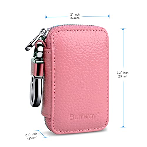 Buffway Car Key Cover,Genuine Leather Car Smart Key Chain Coin Holder Metal Hook and Keyring Wallet Zipper Bag for Auto Remote Key Fob - Pink - Image 2