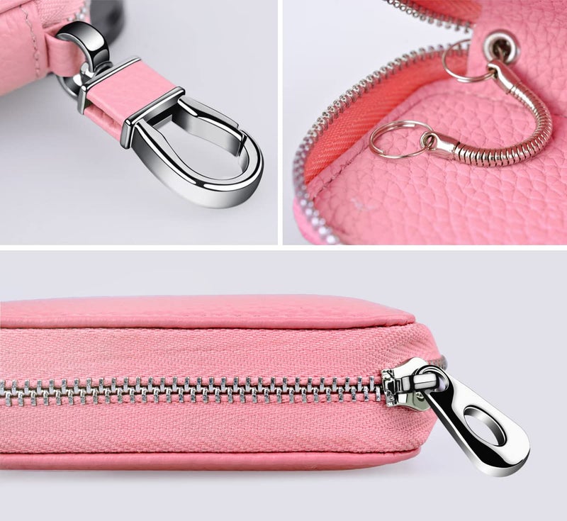 Buffway Car Key Cover,Genuine Leather Car Smart Key Chain Coin Holder Metal Hook and Keyring Wallet Zipper Bag for Auto Remote Key Fob - Pink - Image 4