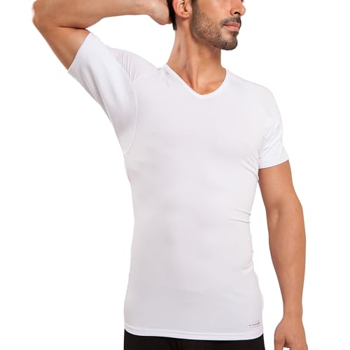 Ejis Men's Sweat Proof Undershirt, V Neck, Anti-Odor Silver, Micro Modal, Sweat Pads (Small, White) - Image 1