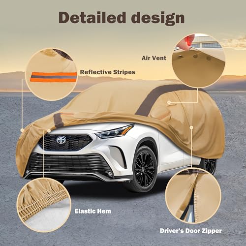 FSGRICH Highlander Car Cover Waterproof All Weather Compatible with Toyota Highlander 2007-2024, Outdoor Dustproof Anti-UV Sun Rain Protection Full Exterior Cover - Image 2