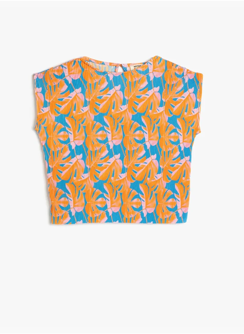 كوتون Pleated T-Shirt Floral Patterned Short Sleeve Crew Neck