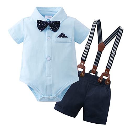 YUEMION Infant Baby Boy Clothes Gentleman Outfits Suits Summer Short Sleeve Bowtie Bodysuit Shirts + Suspender Shorts(Blue,6-9 Months) - Image 1