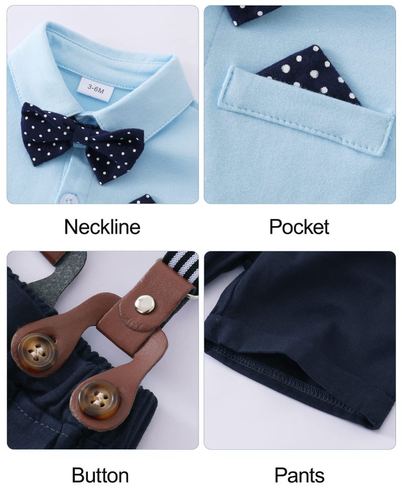 YUEMION Infant Baby Boy Clothes Gentleman Outfits Suits Summer Short Sleeve Bowtie Bodysuit Shirts + Suspender Shorts(Blue,6-9 Months) - Image 4