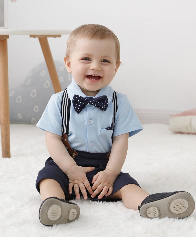 YUEMION Infant Baby Boy Clothes Gentleman Outfits Suits Summer Short Sleeve Bowtie Bodysuit Shirts + Suspender Shorts(Blue,6-9 Months) - Image 3