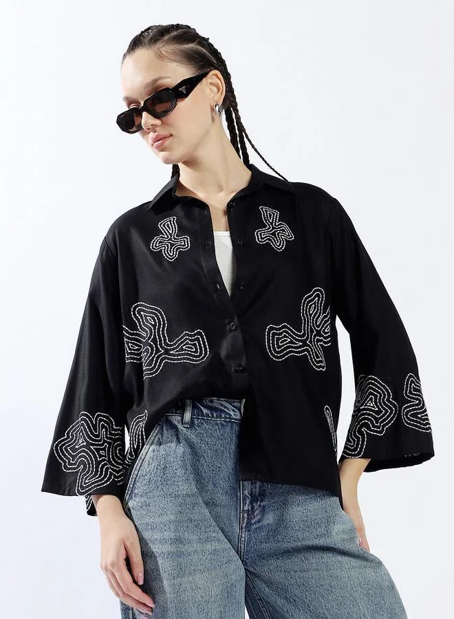 Women's Multicolour 100% Cotton Embroidered Button Down Oversized Shirt