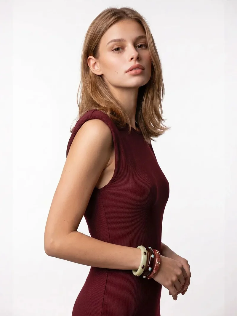 ميكسراي MIXRAY Ribbed Sleeveless Bodycon Midi Dress