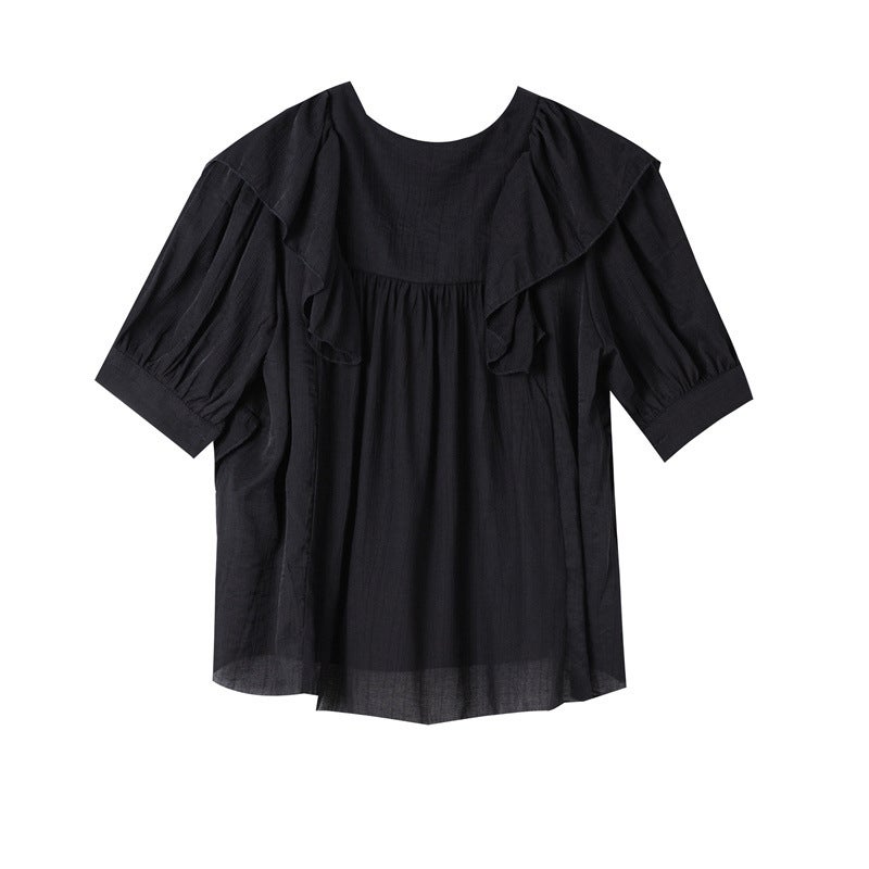 French style high-end doll collar white shirt womens design sense niche special puff sleeve top Black - Image 5