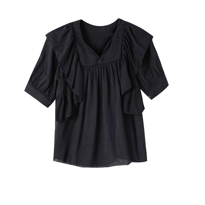 French style high-end doll collar white shirt womens design sense niche special puff sleeve top Black - Image 1
