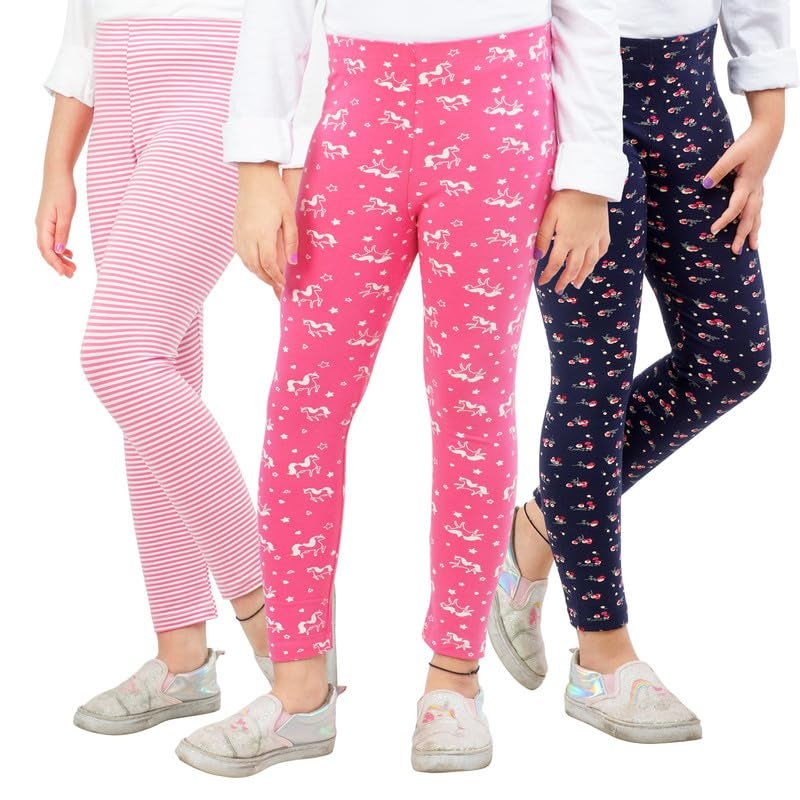 ARIEL Girls Cotton Printed Non-Transparent Regular Fit Ankle Length Leggings(AR-G-Leg-P3-910-(Pinkuni,Blue,PinkStr)_Multicolor_910 Years) - Image 1