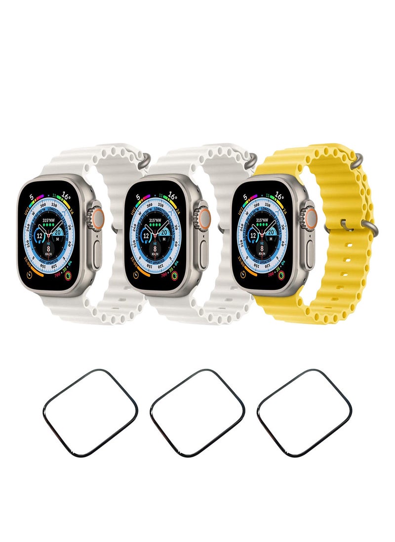 YOMNA YOMNA Silicone Ocean Band Strap for Apple Watch Ultra 8 49mm Yellow,White and Yellow (set of 3 with 3* 49mm watch glass)  - Image 1