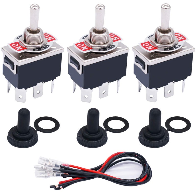 TWTADE 3 Pcs Latching Toggle Rocker Switches 6 Pin 3 Position ON/Off/ON DPDT Heavy Duty 16A 250VAC Spade Terminal Metal Boat Switch with Waterproof Boat Cap + 6.3mm Terminal Wires TEN-1322MZX-B203 - Image 1