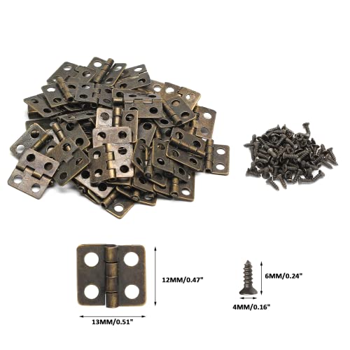 BokWin 50PCS Mini Hinge for Wooden Jewelry Box Mini Pure Copper Hinges Retro Hinges with 200 Pieces Replacement Screws for Crafts Wooden Box Jewelry Chest Cabinet DIY Accessories - 13 x 12 mm - Image 2