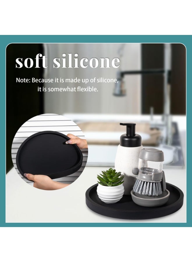 9 Inch Round Silicone Bathroom Tray Vanity Organizer Black Non Slip Soap Holder for Countertop Kitchen Coffee Table Decor - Image 2