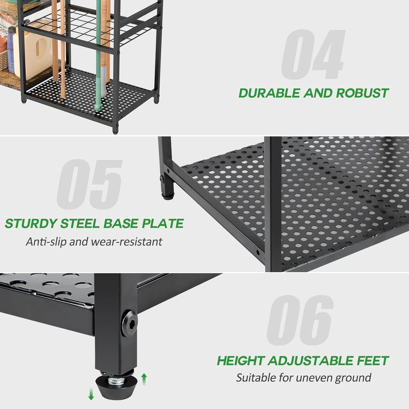 Garage Tool Organizer with 2-tier Wooden Shelves, Yard Tool Organizer for Garage with 6 Hooks, Heavy duty Steel Garden Tool Rack Holds up to 35 Long Handled Yard tools for Storage, Black - Image 4