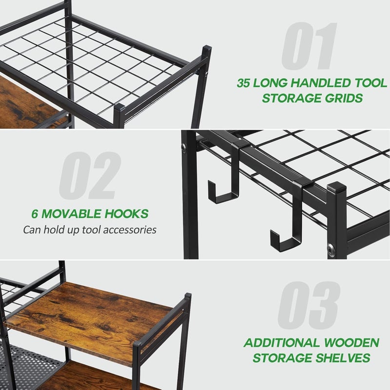Garage Tool Organizer with 2-tier Wooden Shelves, Yard Tool Organizer for Garage with 6 Hooks, Heavy duty Steel Garden Tool Rack Holds up to 35 Long Handled Yard tools for Storage, Black - Image 3