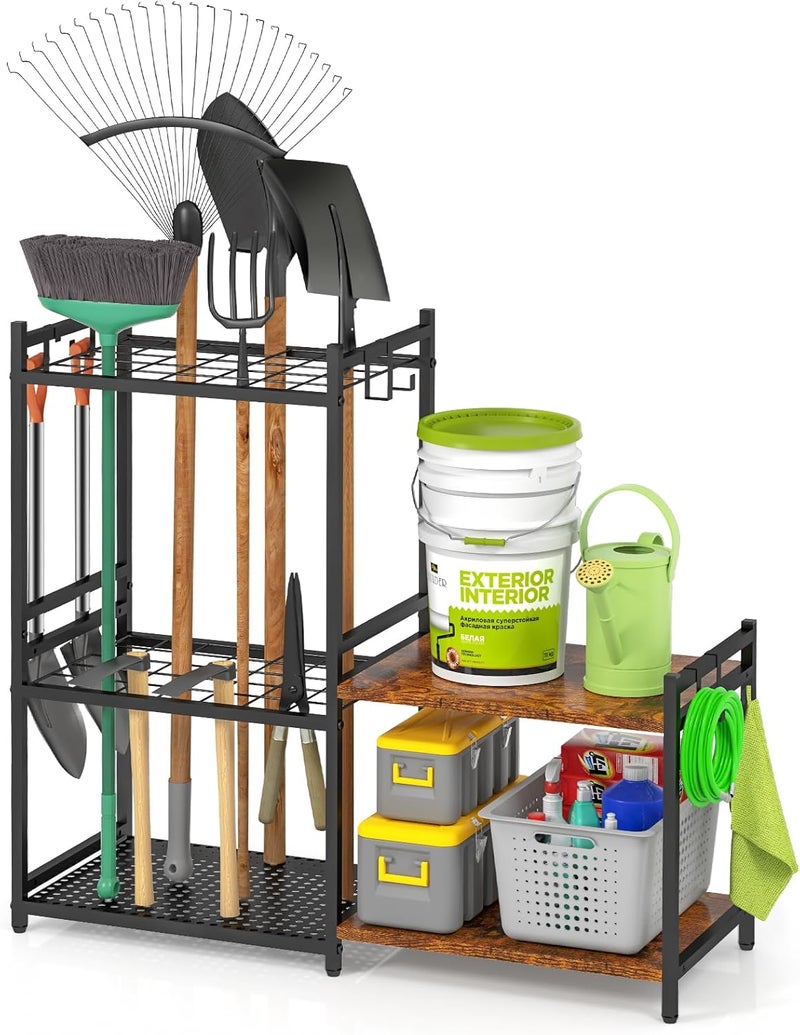 Garage Tool Organizer with 2-tier Wooden Shelves, Yard Tool Organizer for Garage with 6 Hooks, Heavy duty Steel Garden Tool Rack Holds up to 35 Long Handled Yard tools for Storage, Black - Image 1