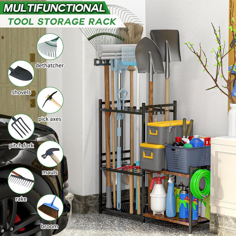 Garage Tool Organizer with 2-tier Wooden Shelves, Yard Tool Organizer for Garage with 6 Hooks, Heavy duty Steel Garden Tool Rack Holds up to 35 Long Handled Yard tools for Storage, Black - Image 2