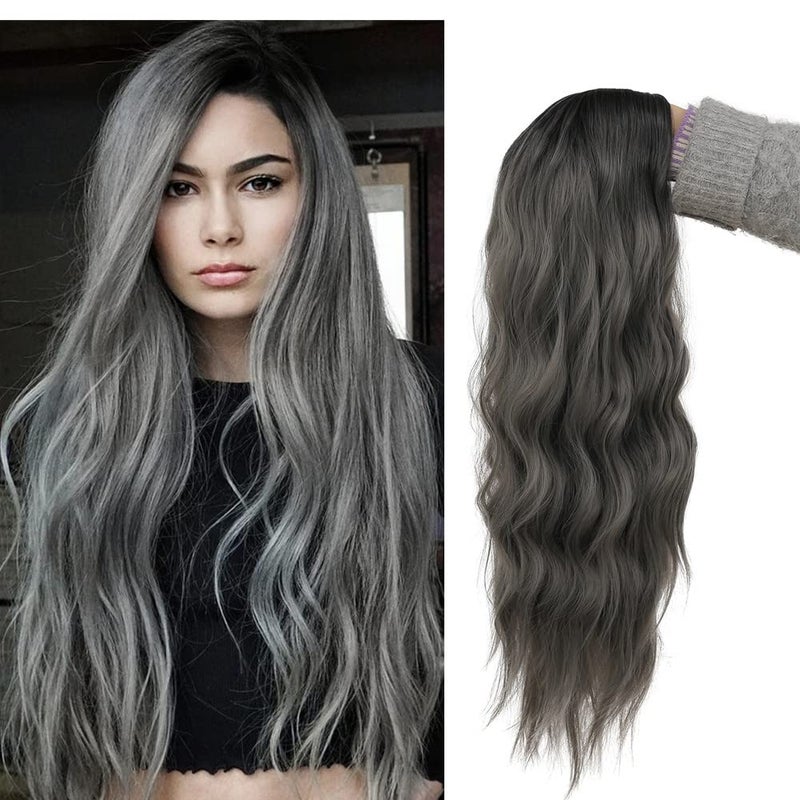 Tseses Ombre Grey Black Curly Wavy Long Wigs for Women Synthetic Hair Wigs Dark Roots Hair Women Full Wig Cosplay Halloween Party Daily Use (Ombre Grey) - Image 1