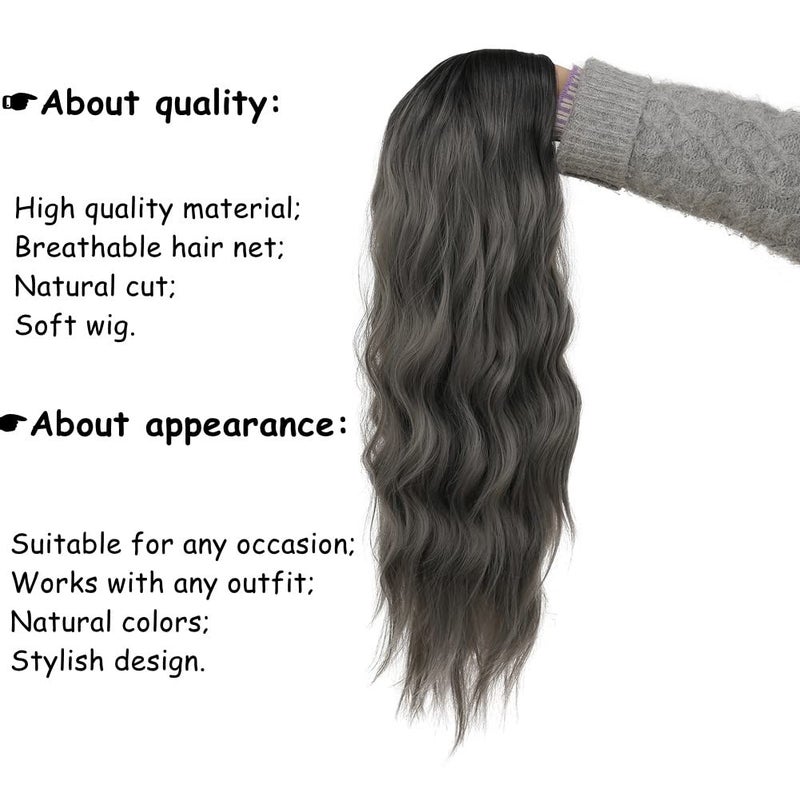 Tseses Ombre Grey Black Curly Wavy Long Wigs for Women Synthetic Hair Wigs Dark Roots Hair Women Full Wig Cosplay Halloween Party Daily Use (Ombre Grey) - Image 4