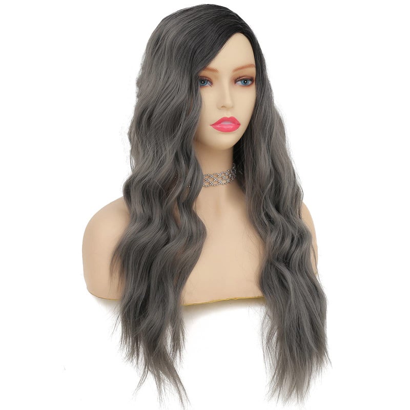 Tseses Ombre Grey Black Curly Wavy Long Wigs for Women Synthetic Hair Wigs Dark Roots Hair Women Full Wig Cosplay Halloween Party Daily Use (Ombre Grey) - Image 5