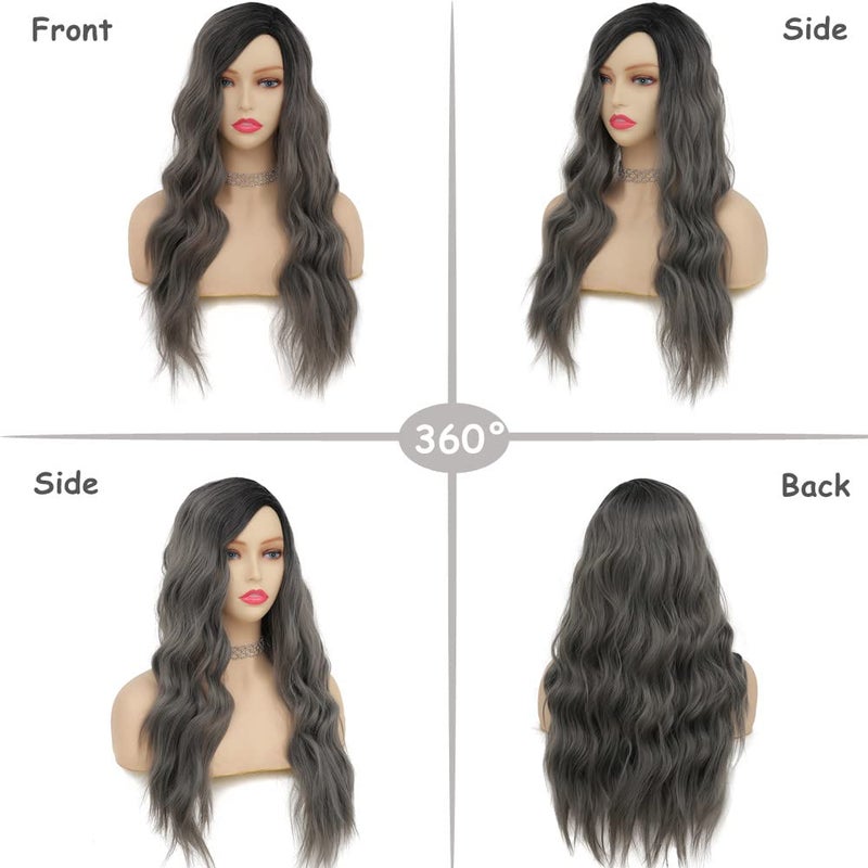 Tseses Ombre Grey Black Curly Wavy Long Wigs for Women Synthetic Hair Wigs Dark Roots Hair Women Full Wig Cosplay Halloween Party Daily Use (Ombre Grey) - Image 3