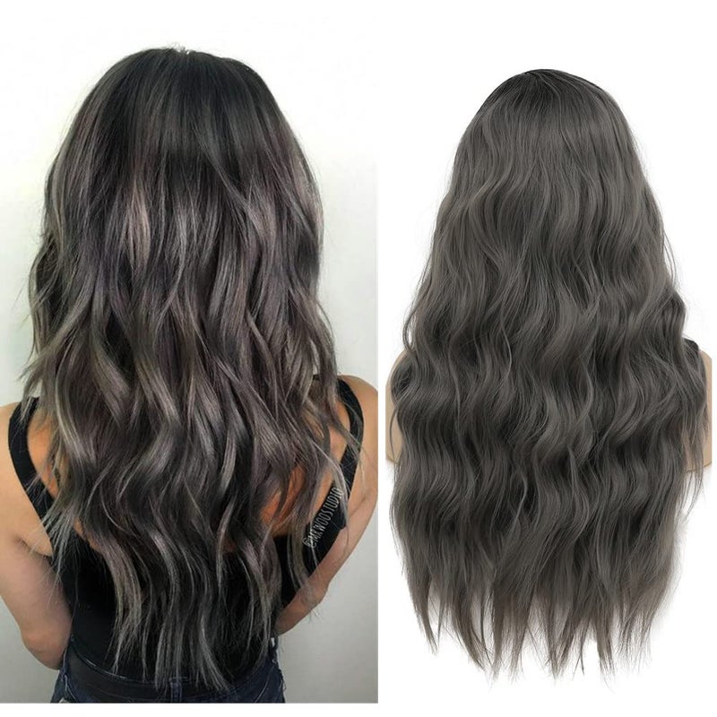 Tseses Ombre Grey Black Curly Wavy Long Wigs for Women Synthetic Hair Wigs Dark Roots Hair Women Full Wig Cosplay Halloween Party Daily Use (Ombre Grey) - Image 2