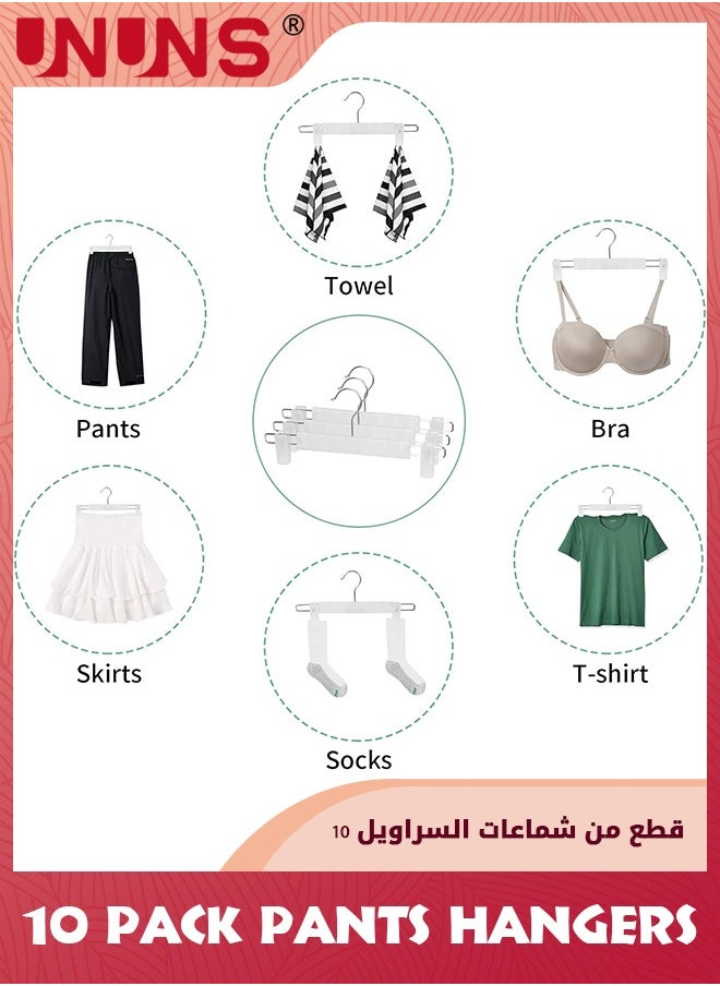 UNUNS - Closet Clothes Hanger,10 Pack Pants Hangers With 360° Swivel Hooks,Space Saving Skirt Hangers With Adjustable Non-Slip Clips,Sturdy Plastic Hanger For Coats Dresses Shorts Trouser More,White - Image 1