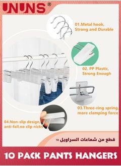 UNUNS Closet Clothes Hanger,10 Pack Pants Hangers With 360° Swivel Hooks,Space Saving Skirt Hangers With Adjustable Non-Slip Clips,Sturdy Plastic Hanger For Coats Dresses Shorts Trouser More,White  - Image 3
