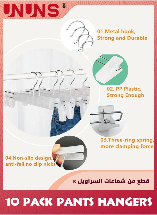 UNUNS Closet Clothes Hanger,10 Pack Pants Hangers With 360° Swivel Hooks,Space Saving Skirt Hangers With Adjustable Non-Slip Clips,Sturdy Plastic Hanger For Coats Dresses Shorts Trouser More,White  - Image 3