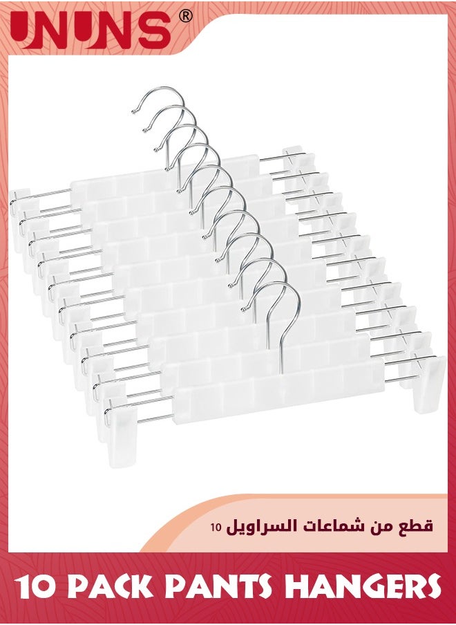 UNUNS Closet Clothes Hanger,10 Pack Pants Hangers With 360° Swivel Hooks,Space Saving Skirt Hangers With Adjustable Non-Slip Clips,Sturdy Plastic Hanger For Coats Dresses Shorts Trouser More,White  - Image 1