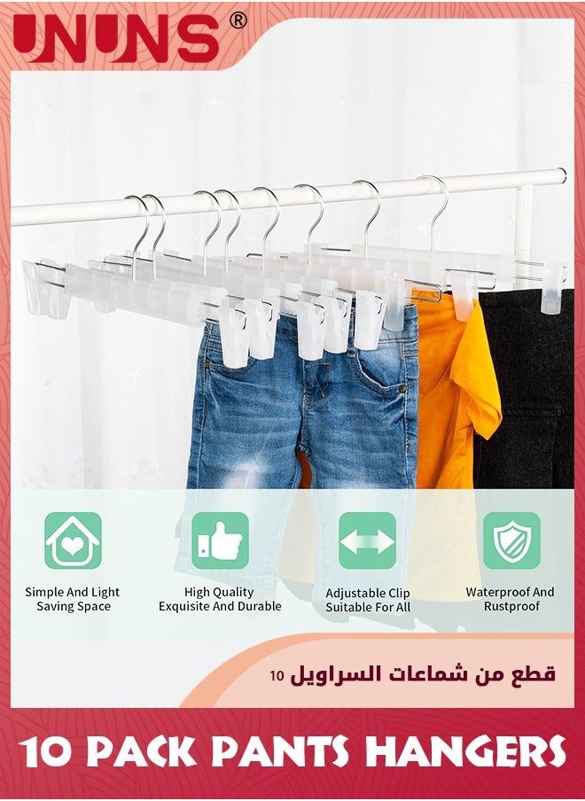 UNUNS Closet Clothes Hanger,10 Pack Pants Hangers With 360° Swivel Hooks,Space Saving Skirt Hangers With Adjustable Non-Slip Clips,Sturdy Plastic Hanger For Coats Dresses Shorts Trouser More,White  - Image 2