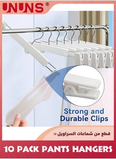 UNUNS Closet Clothes Hanger,10 Pack Pants Hangers With 360° Swivel Hooks,Space Saving Skirt Hangers With Adjustable Non-Slip Clips,Sturdy Plastic Hanger For Coats Dresses Shorts Trouser More,White  - Image 5
