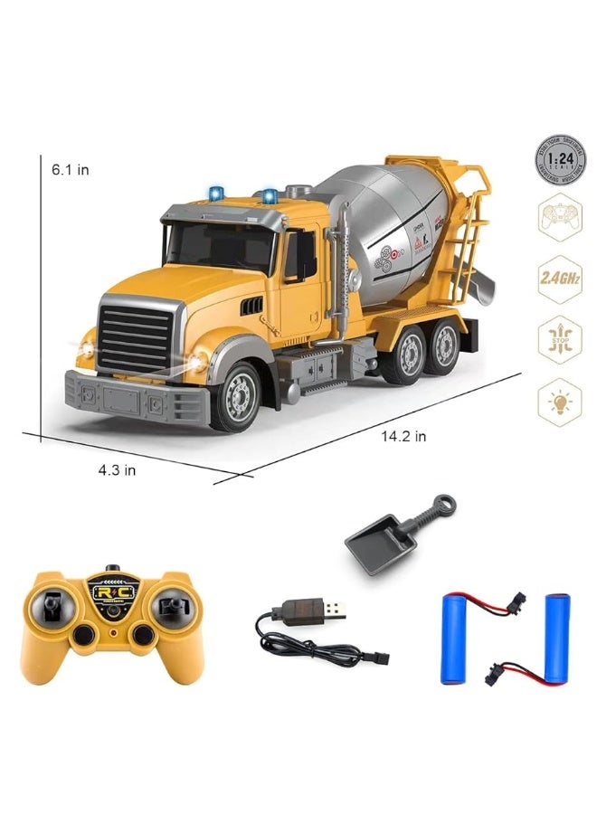 Fistone RC Cement Mixer Construction Toys, 6 Channel Construction Truck Toys with Lights, 1:24 Electric 360 Degree Stirring Construction Vehicles, Rechargeable Cement Truck Toys for Kids - Image 3