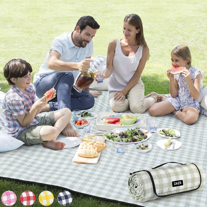 ZAZE Extra Large Picnic Outdoor Blanket, 80''x80'' Waterproof Foldable Blankets Gingham Picnic Mat for Beach, Camping on Grass Picnic Blankets (Green and White - Image 1