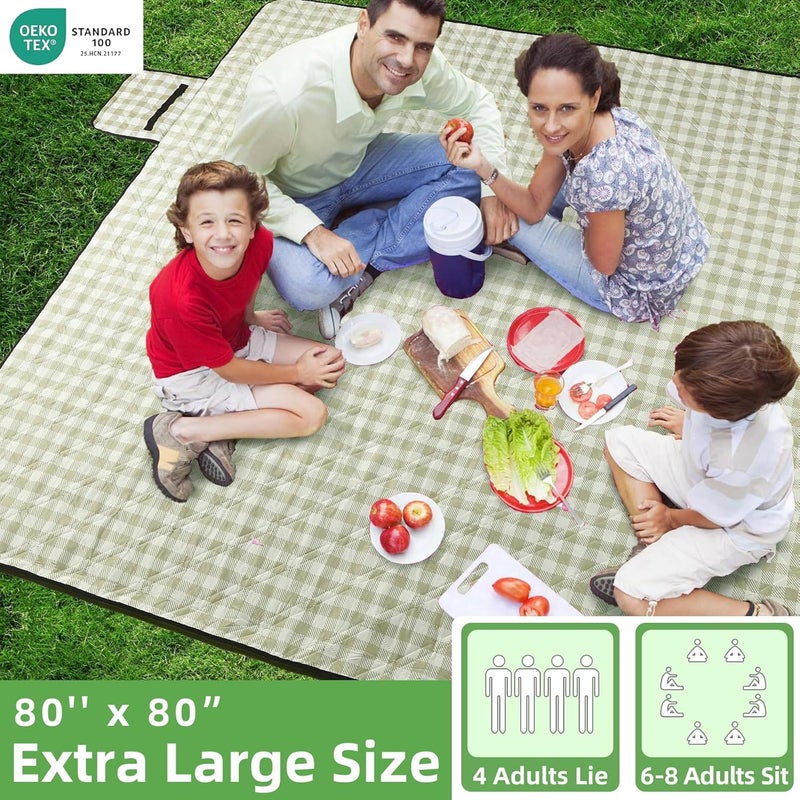 ZAZE Extra Large Picnic Outdoor Blanket, 80''x80'' Waterproof Foldable Blankets Gingham Picnic Mat for Beach, Camping on Grass Picnic Blankets (Green and White - Image 2