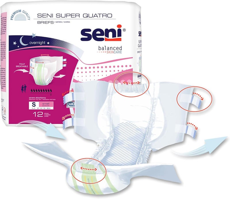SENI Super Quatro Unisex Adult Incontinence Briefs with Tabs Size Small 2231 12 Count 1 Pack of 12 Severe Absorbency Disposable Overnight Briefs for Men Women - Image 5